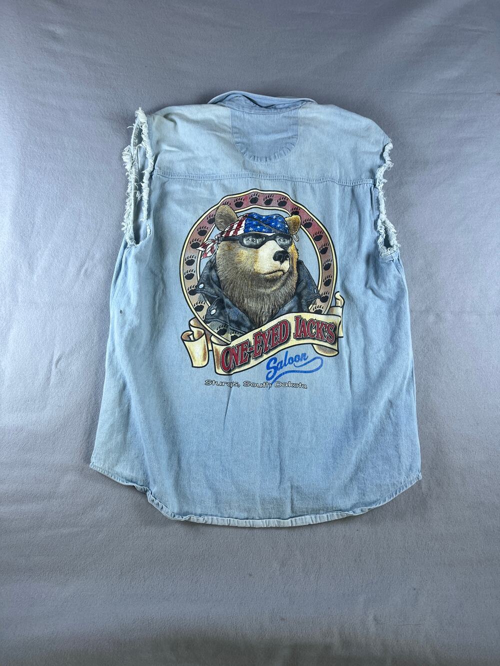 One Eyed Jacks Saloon Denim Vest Adult Sz XL Biker Bear Sturgis Vintage